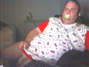 Fat man in a little diaper.